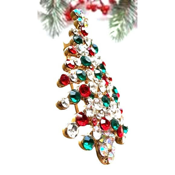 Rhinestone Christmas Tree Brooch Pin New Aurora Borealis Red Green Flow… - Picture 3 of 9